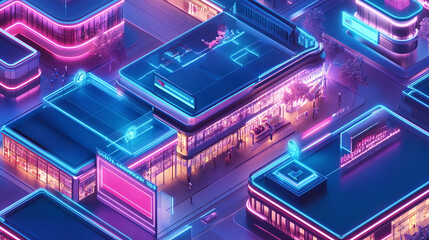 Fototapeta premium A futuristic shopping mall icon with floating data layers representing e-commerce, customer analytics, and online retail strategies. 