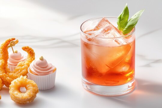 New Year celebration with cocktails and small bites concept. Refreshing cocktail with snacks and desserts on a marble surface