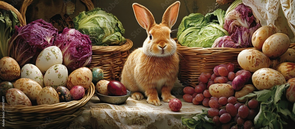 Aufkleber easter celebration with bunny rabbit surrounded by colorful eggs and fresh produce in a rustic setti