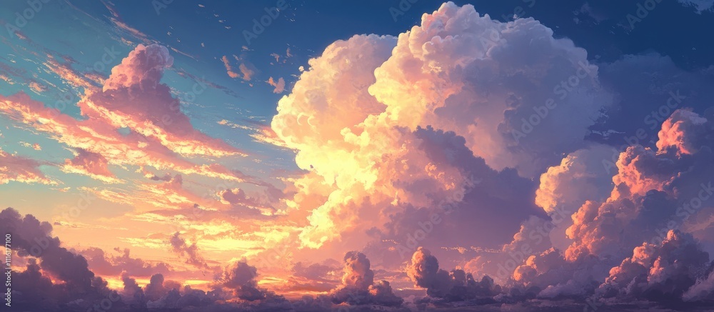 Poster vibrant sunset clouds with warm tones and soft light creating a serene sky atmosphere at dusk