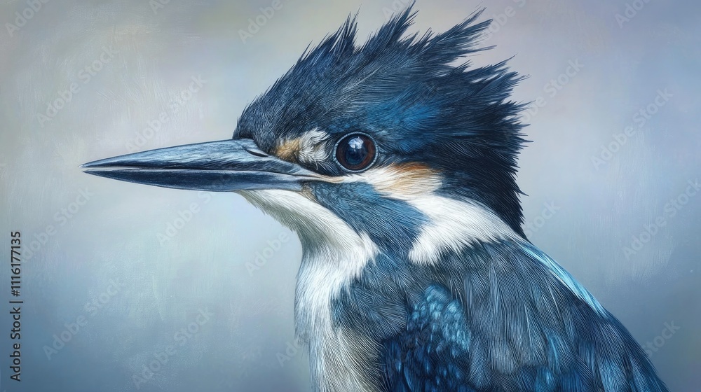 Poster belted kingfisher close-up capturing vibrant feathers and unique features of this striking water bir