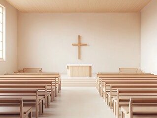 A minimalist church interior with wooden pews, pale beige walls, and a simple cross centerpiece.