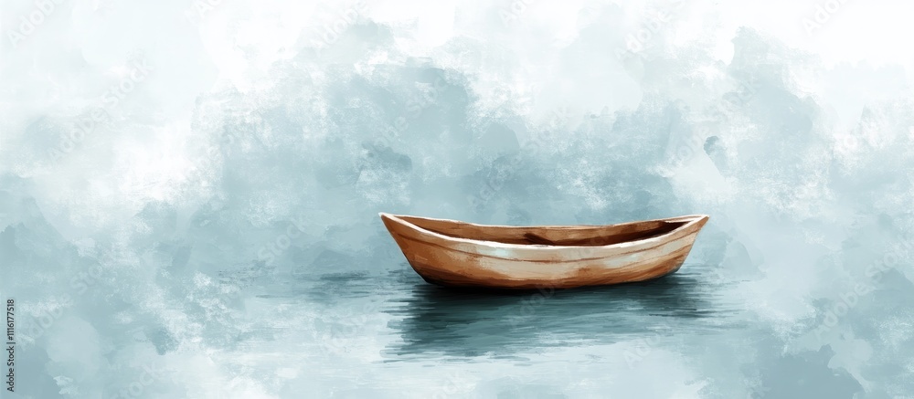Poster lone fishing boat floating gently on calm water with soft blue and gray hues creating a serene atmos