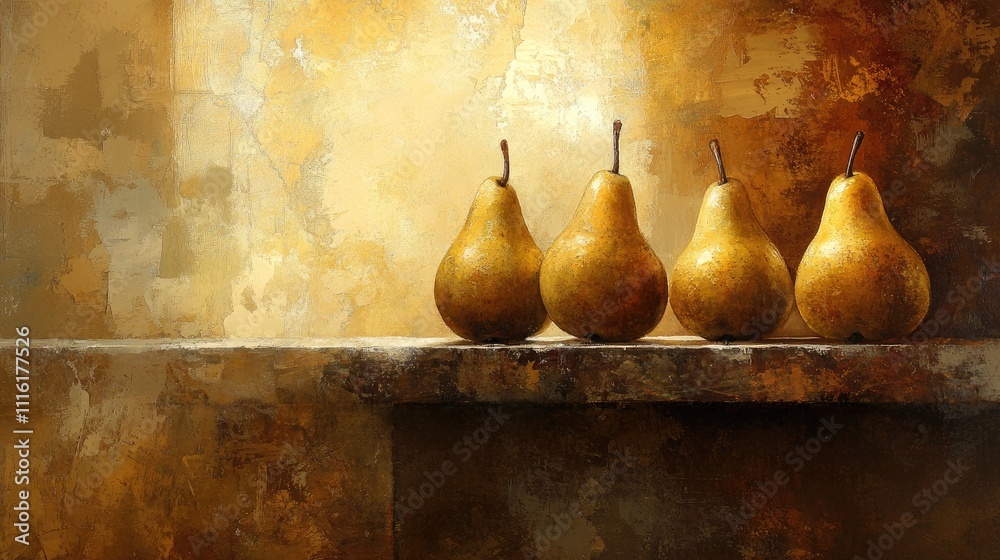 Poster four ripe pears elegantly arranged on a rustic wooden table against a warm, textured background evok