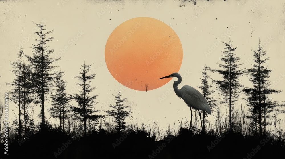 Aufkleber silhouetted egret standing among trees with a large orange sun setting in the background creating a 