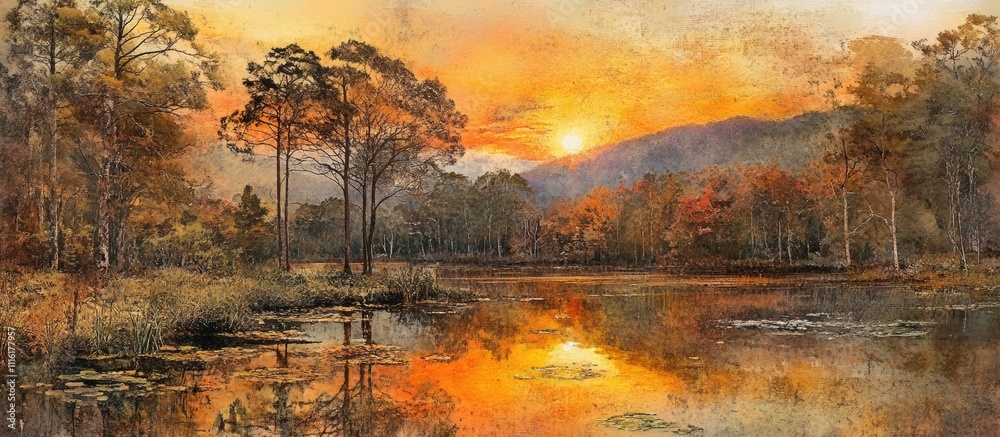 Poster serene sunset reflection over a tranquil lake surrounded by trees and mountains in a vibrant autumn 