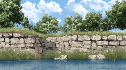 3D illustration of a serene travel and fishing scene showcasing a pond cross section with grassy terrain and stone walls under a blue sky