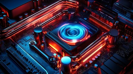 Close-Up of a Computer Motherboard with Glowing Red and Blue Lights