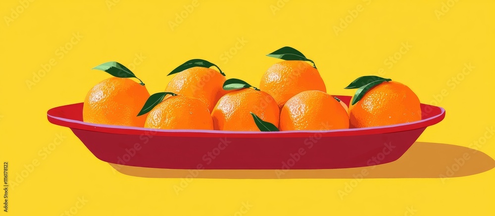 Poster mandarine oranges arranged in a red oval bowl with green leaves on a vibrant yellow background for a