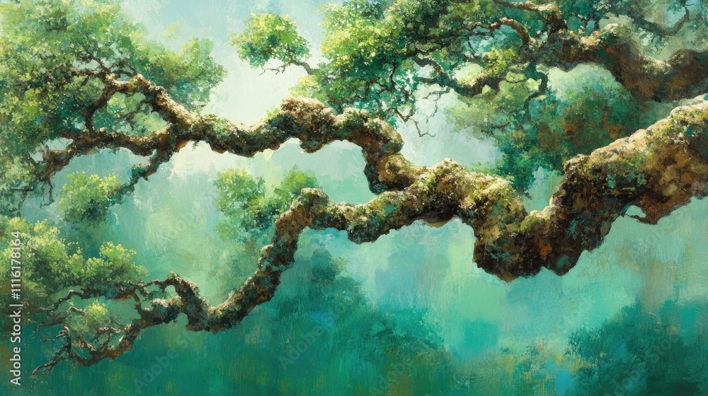 Poster lush green tree branches with textured bark in a serene forest setting evoking tranquility and natur