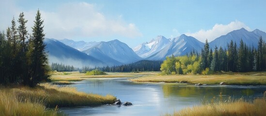 Fototapeta premium Tranquil late summer landscape featuring mountains, clear lake, and lush greenery under a bright blue sky.