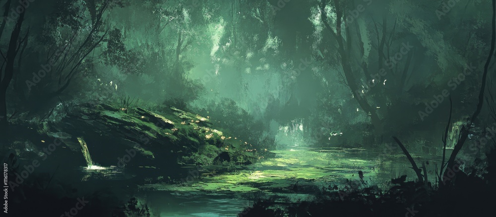 Poster serene lush green forest landscape with tranquil water reflections and dappled sunlight through tree