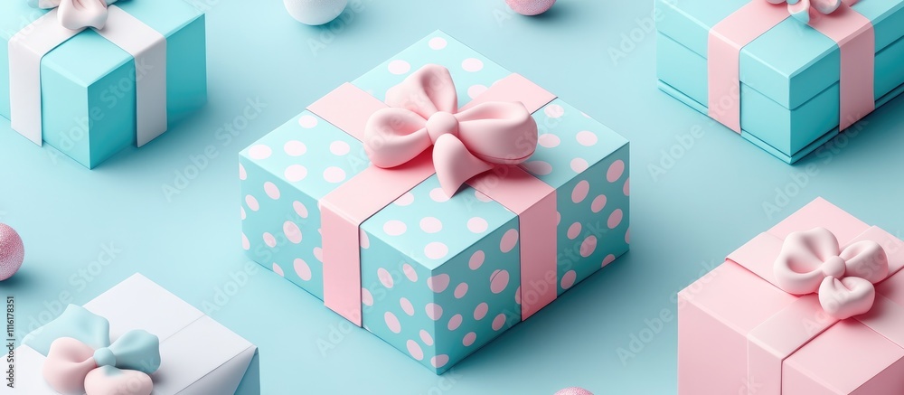 Poster Charming 3D gift boxes with bows and polka dots in a vibrant isometric seamless pattern on a pastel blue background for festive occasions