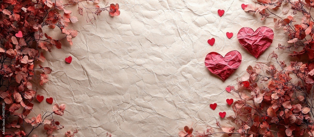 Aufkleber floral frame with dried flowers and heart-shaped confetti on crumpled beige background ideal for web