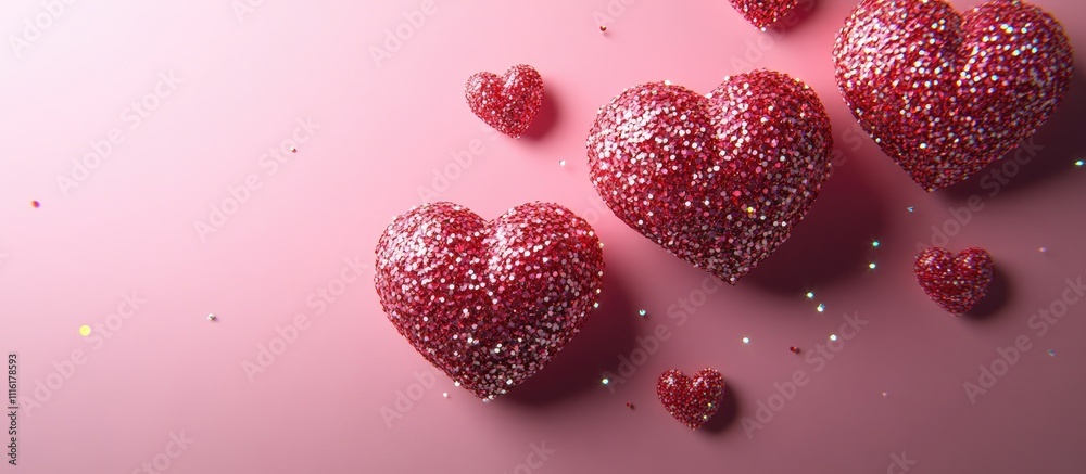 Poster sparkling glitter hearts in various sizes set against a soft pink background ideal for romantic them