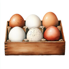 Fresh eggs in wooden crate, showcasing variety of colors and textures. This captures essence of farm life and natural produce, perfect for agricultural themes