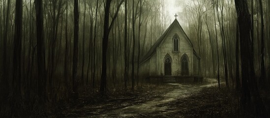 Fototapeta premium Mysterious church nestled in eerie foggy forest creating an atmosphere of solitude and intrigue perfect for supernatural themes
