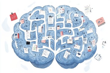 An artistic illustration shows a brain filled with notes and reminders, symbolizing ADHD challenges