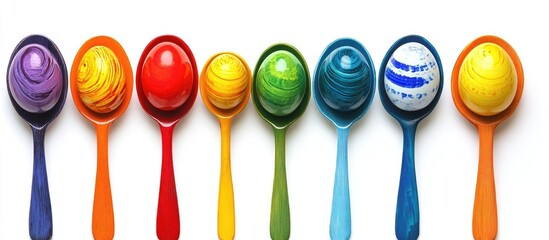 Colorful Easter eggs arranged on spoons in a top view composition isolated on a white background perfect for spring celebrations and promotions.