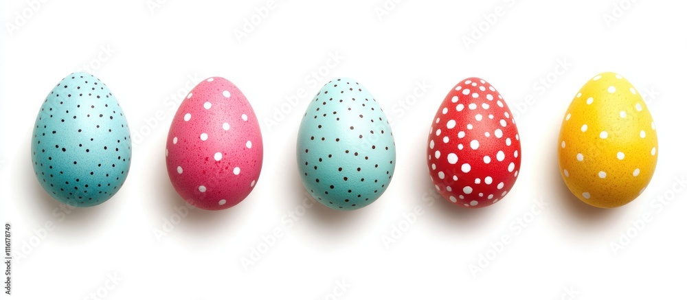 Poster colorful easter eggs with polka dots arranged in a row on a clean white background celebrating the j