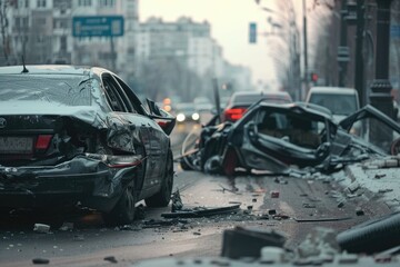 Obraz premium City street car crash causes vehicle damage.