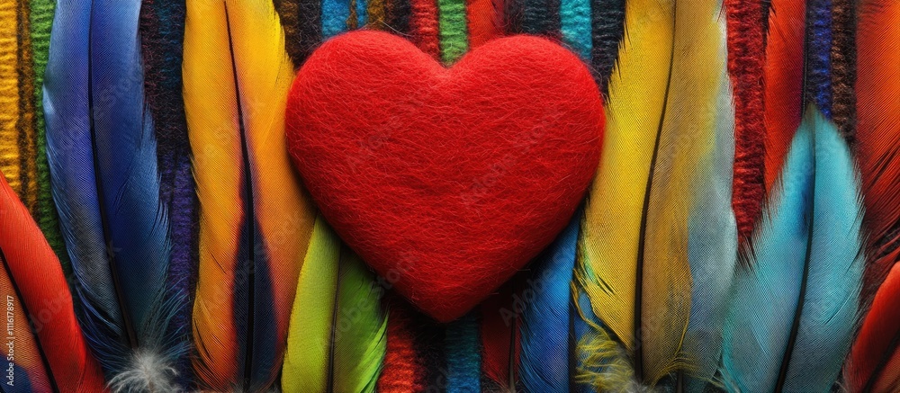 Poster felt heart surrounded by vibrant colored bird feathers on a textile background showcasing artistic t