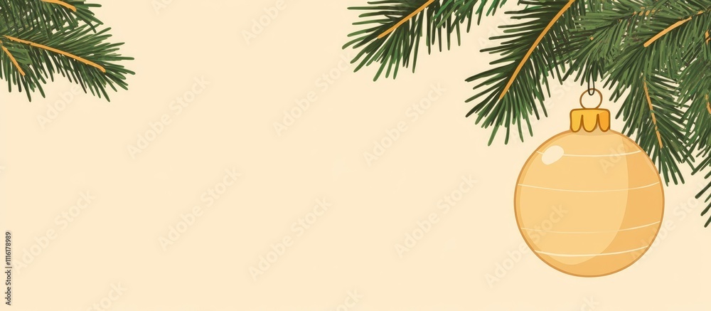 Aufkleber golden christmas ornament hanging from pine branches with a blank space for text on the left side, p