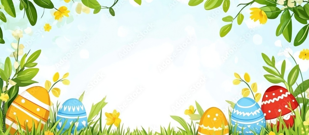 Poster easter celebration background with colorful eggs and flowers for spring themed online shopping and w