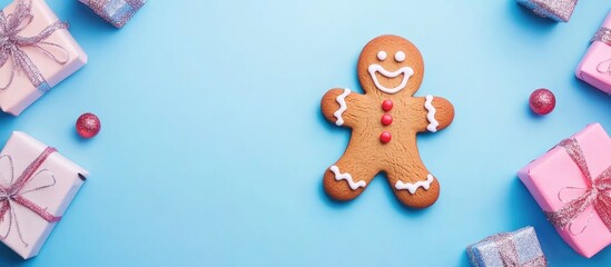 Fototapeta premium Gingerbread man surrounded by festive presents on a cheerful blue background for holiday themed seasonal decorations