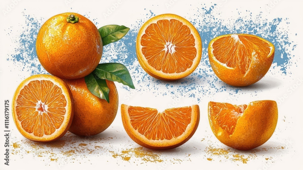 Poster fresh and vibrant oranges with slices displayed against a clean background showcasing their juicy te