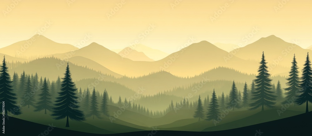 Poster Misty fog-covered mountain landscape with fir trees in a vintage retro style creating a serene and tranquil atmosphere for nature lovers