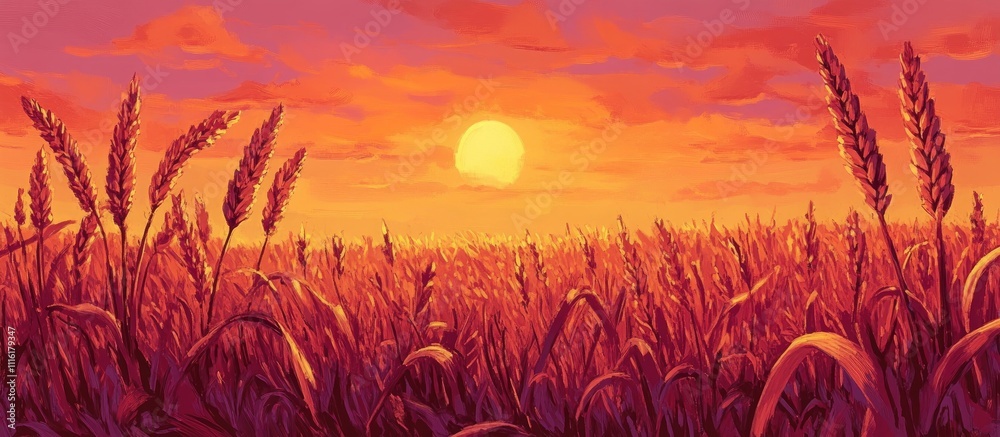 Poster serene sunset over golden wheat field creating a warm and tranquil landscape scene with vibrant colo