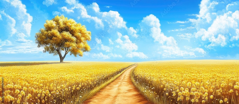 Poster spring landscape featuring a vibrant yellow field with a single tree under a bright blue sky and flu