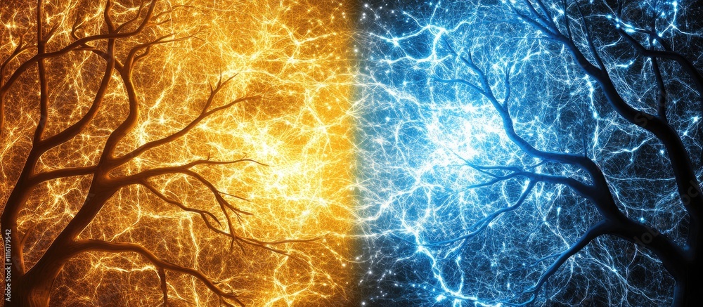 Aufkleber contrasting blue and yellow abstract tree design with electric patterns and vibrant textures