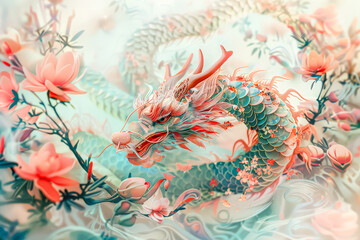 Dragon with pink and green scales is swimming in a sea of pink flowers.