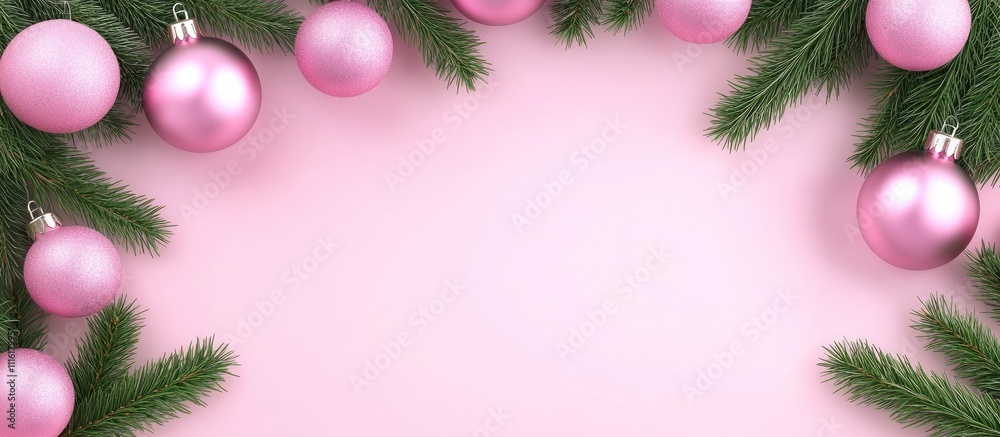 Aufkleber christmas backdrop with fir tree branches and pink ornaments on soft pink background for festive hol