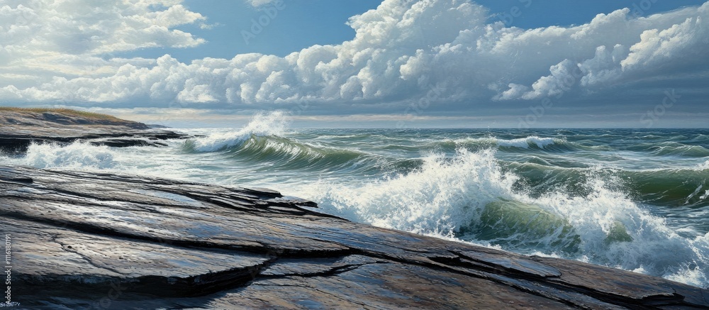 Poster serene seascape with crashing waves against rugged rocks under a sky filled with fluffy clouds and b