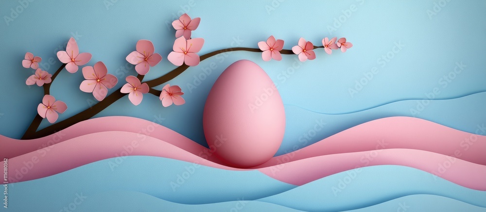 Poster easter egg with cherry blossom branch in minimal design on pastel background space for greeting card