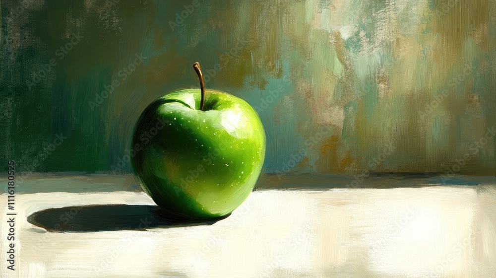 Poster vibrant green apple on a softly lit surface with artistic background and gentle shadows