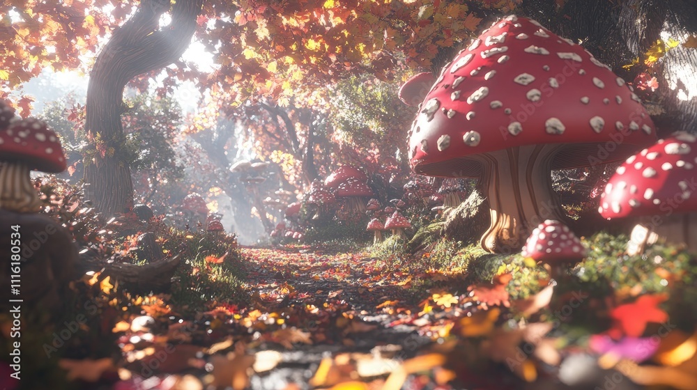 Aufkleber magical forest pathway with vibrant mushrooms autumn leaves and soft sunlight creating a serene natu