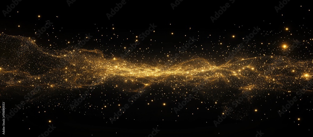 Poster golden glittering night sky with shimmering stars and cosmic dust creating a spectacular fireworks-l