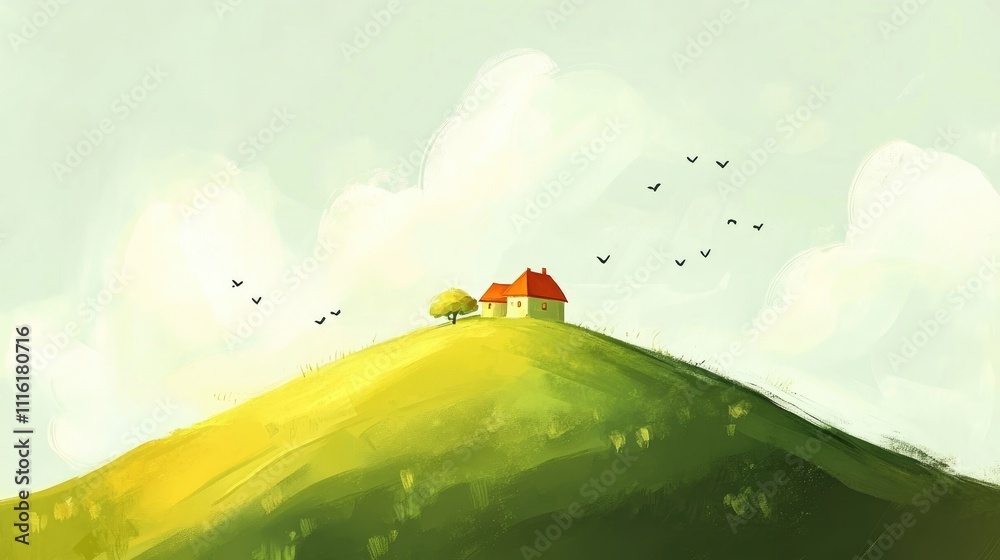 Aufkleber serene landscape with house and tree on hill surrounded by soft clouds and birds in a calm sky