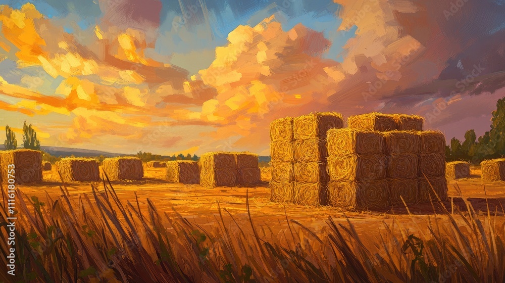 Poster Sunset over a field with stacks of rectangular hay bales surrounded by tall grasses and vibrant clouds in a serene landscape.