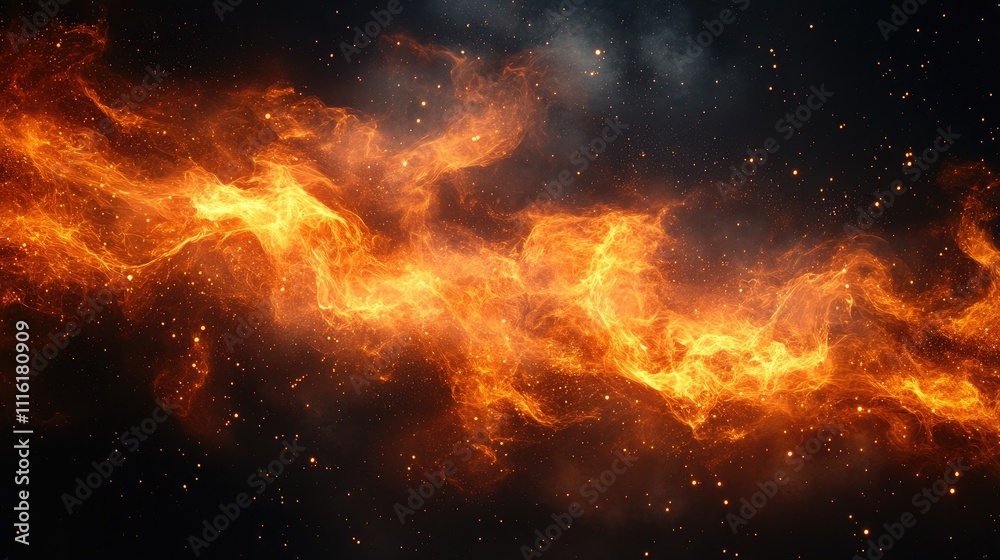 Poster Vibrant abstract fire flames in orange and black creating a dynamic visual contrast against a dark cosmic backdrop