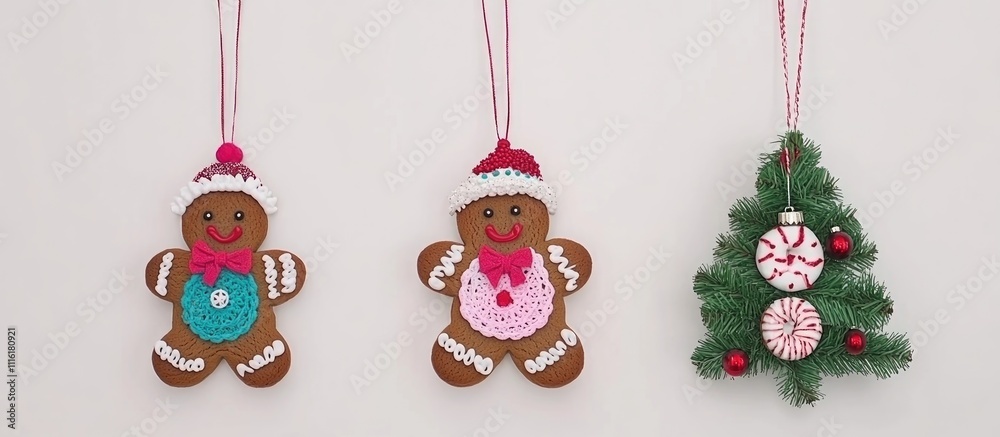 Poster handmade gingerbread men and fir tree decorations with festive colors and patterns perfect for holid