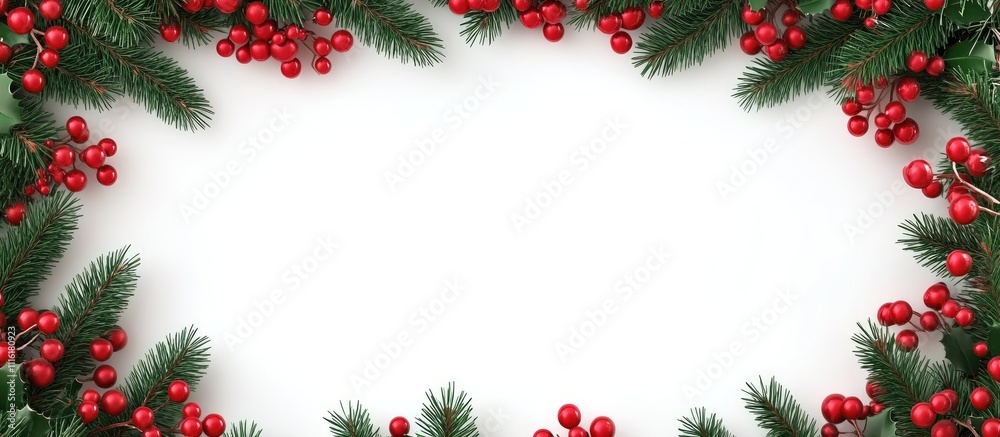 Poster christmas fir branches with red berries creating a decorative frame and ample blank space for person