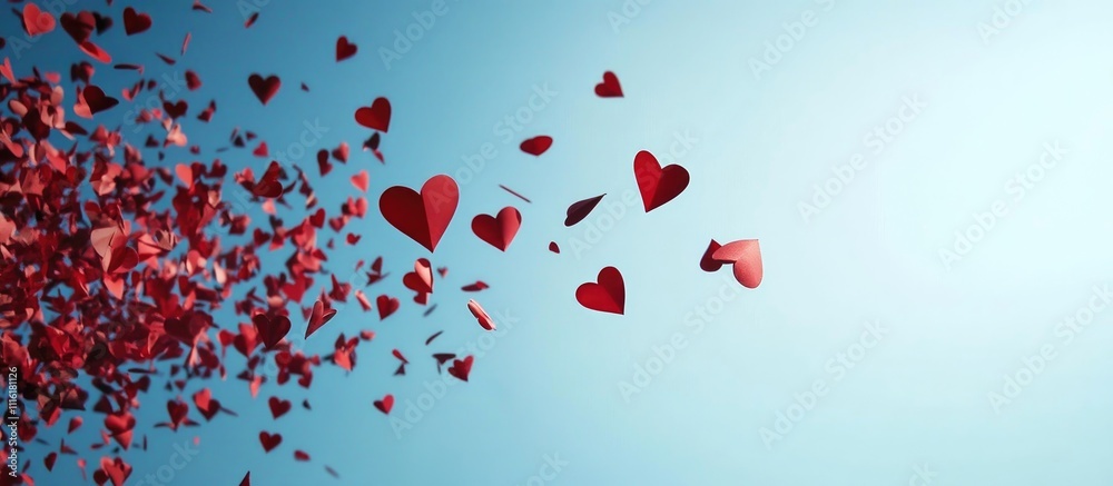 Poster flying red paper hearts symbolizing love drifting in open space against a serene blue backdrop creat