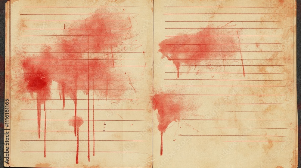 Poster Grunge notebook paper texture with red paint spills and drips for artistic backgrounds and creative projects