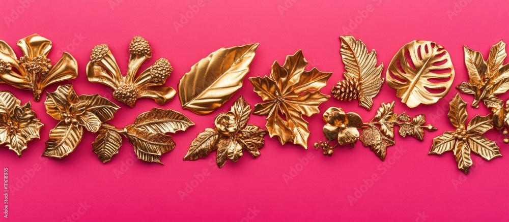 Poster gold holiday decorations arranged on a pink backdrop creating a festive frame with blank space for t