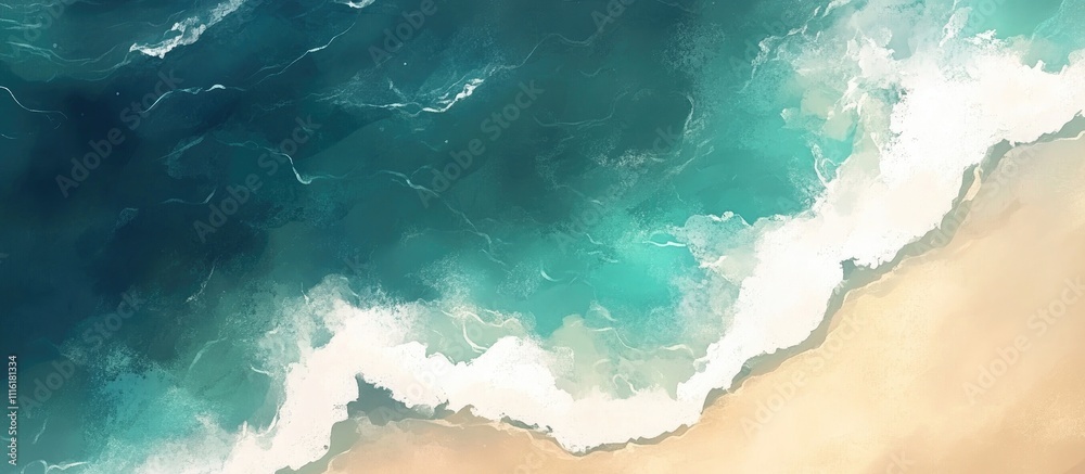 Poster serene beach and ocean backdrop with tranquil waves and sandy shore ideal for customizable text or d